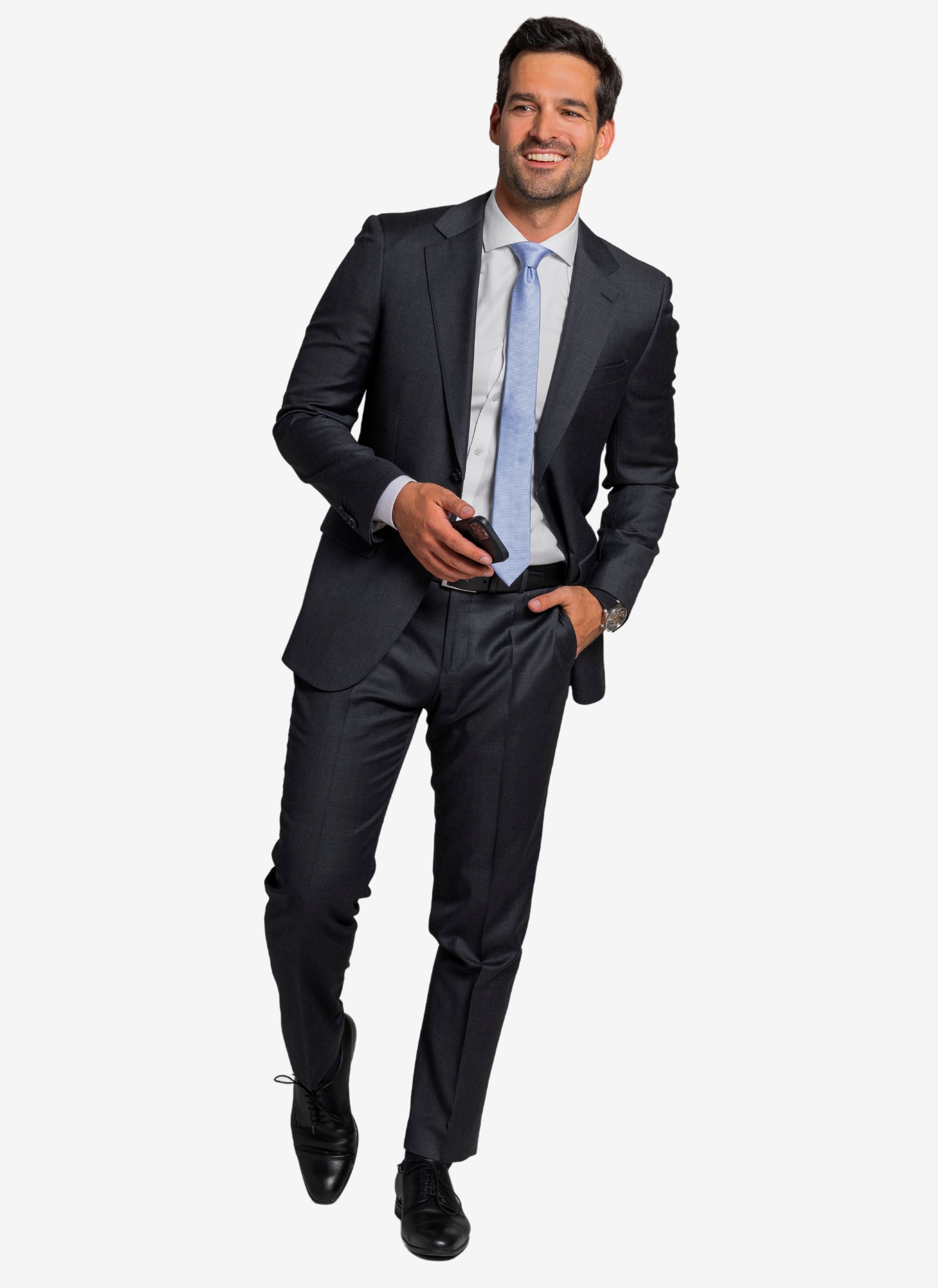 Business Anzug anthrazit mit hellblauer Krawatte.