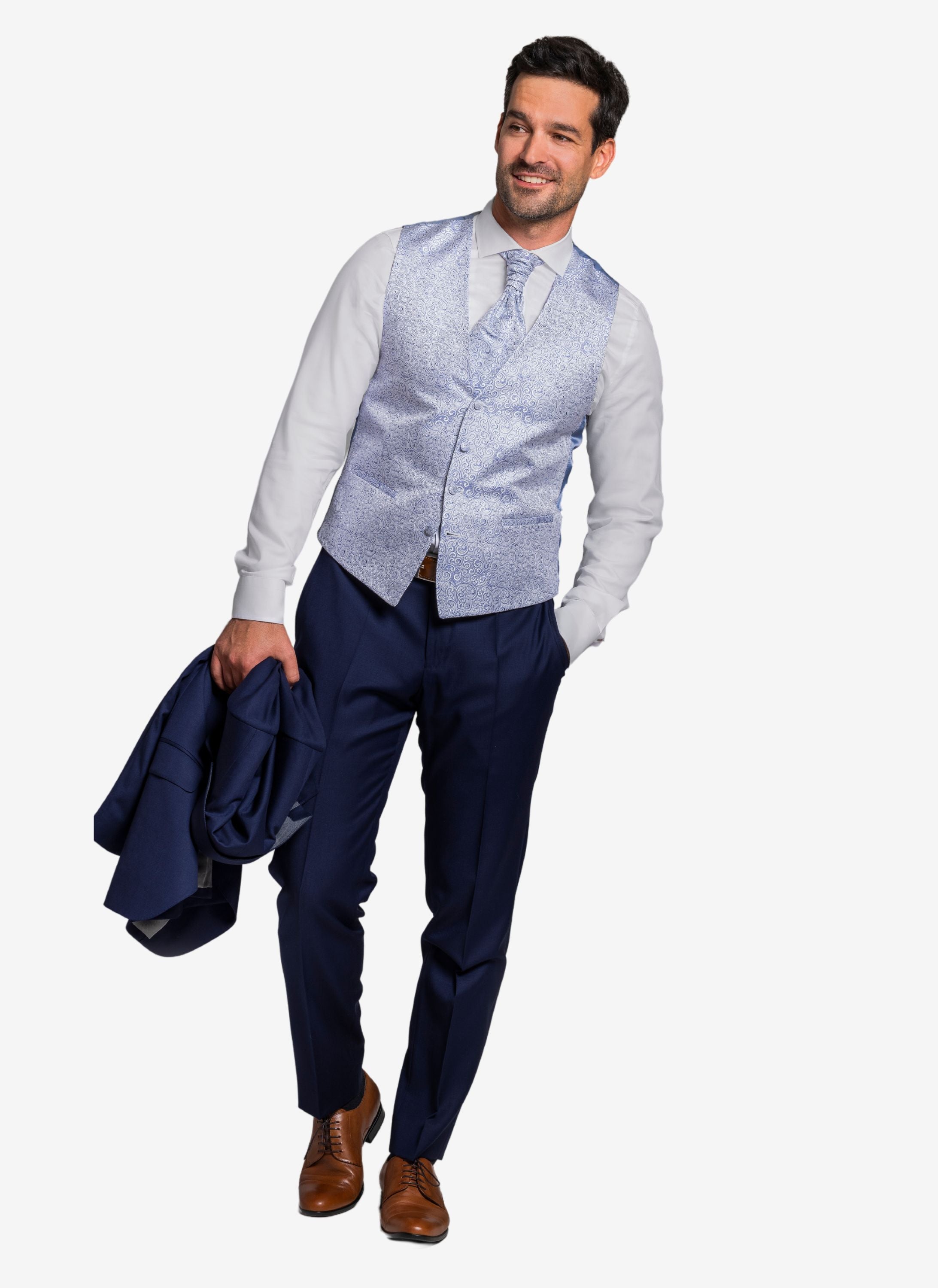 Hellblaue Hochzeitsweste  mit hellblauen Plastron und blauen Anzugshosen.