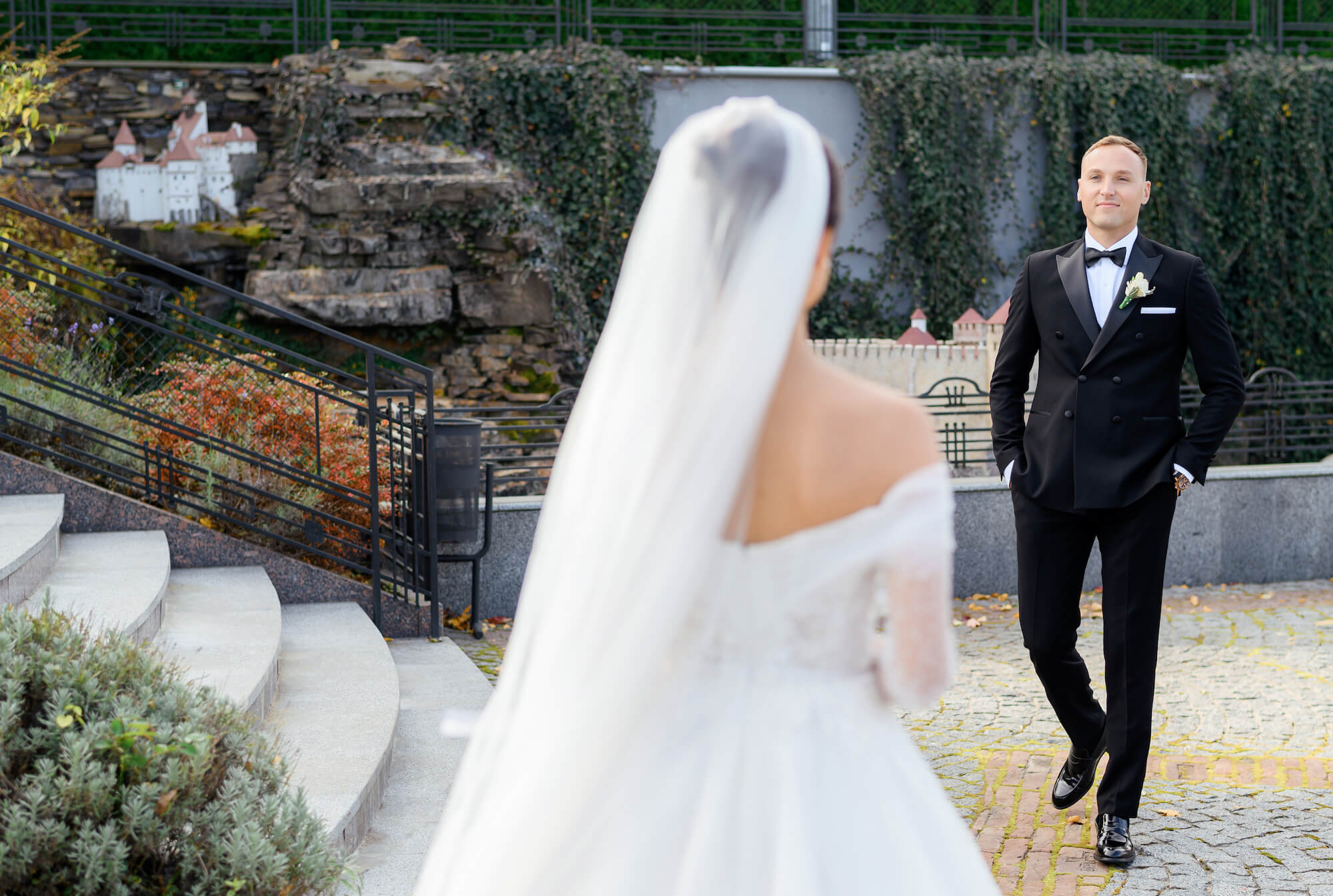 Bride and groom in dress and tuxedo