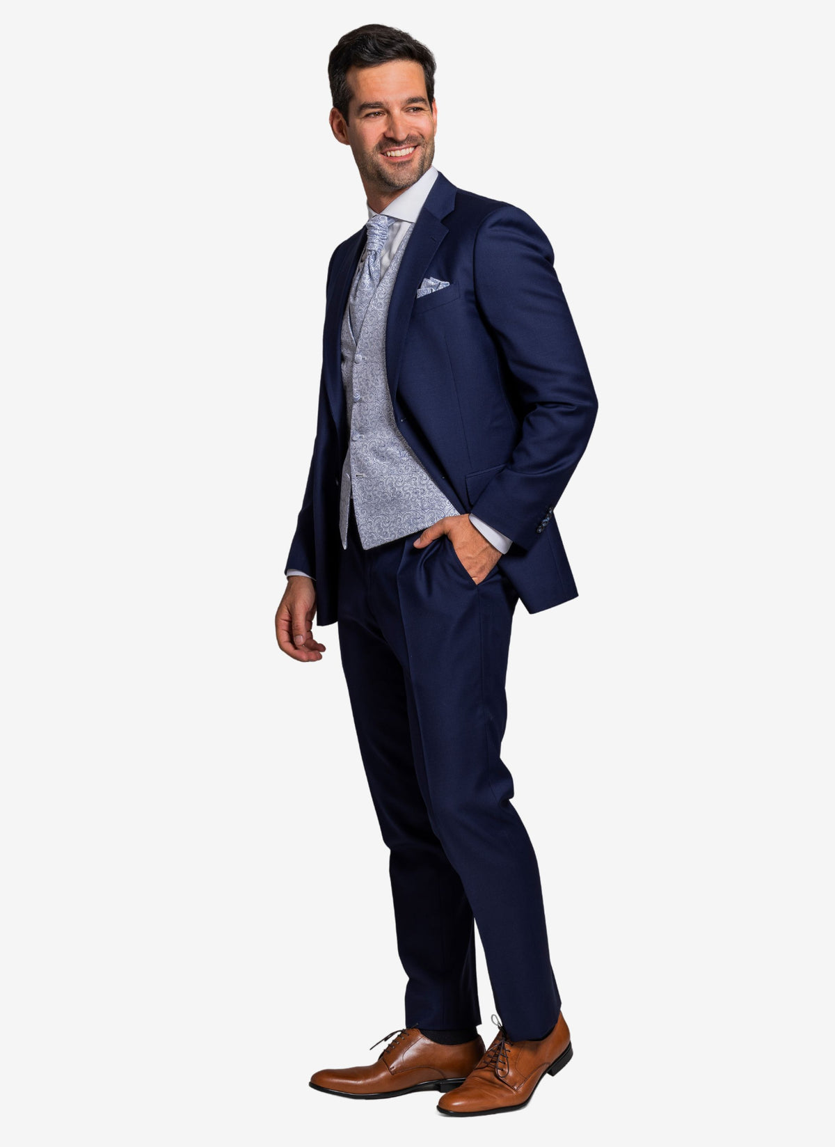 Hochzeitsanzug mit Blauem Anzug und hellblauer Hochzeitweste.